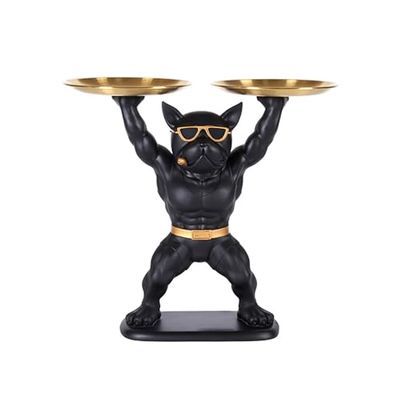 Black Bulldog Statue Decor, Dog Key Tray for Hallway, Stylish Storage for Keys, Sweets, Remotes & Lipsticks - Unique Home Decor Accent