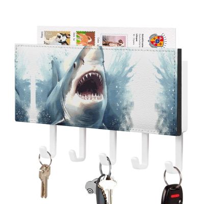 FekiLoot Shark in The Sea Key Holder for Wall Decorative Mail Organizer Wall Mount with 5 Hooks Easy Installation Key Rack for Entryway Mudroom Hallway Office 7.1X4.3 in