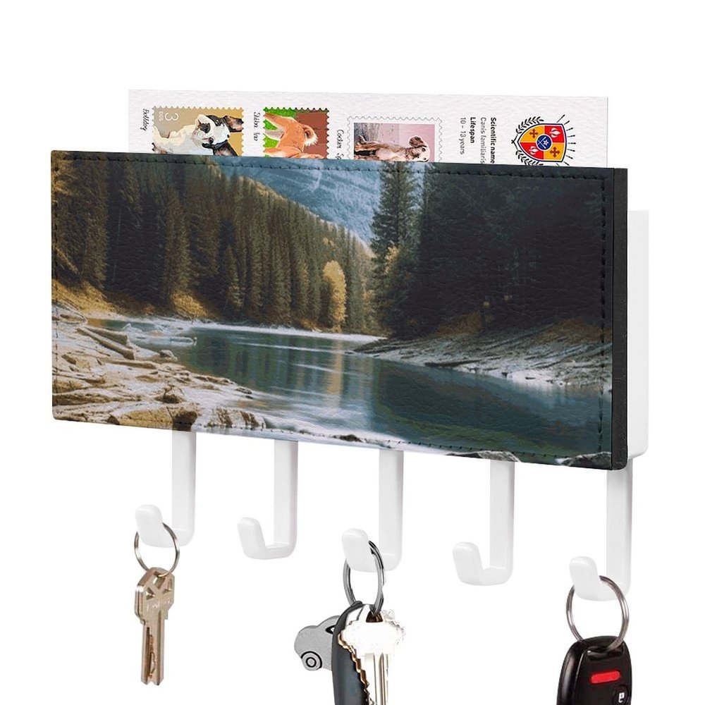 FekiLoot Mountain and Lake1 Key Holder for Wall Decorative Mail Organizer Wall Mount with 5 Hooks Easy Installation Key Rack for Entryway Mudroom Hallway Office 7.1X4.3 in