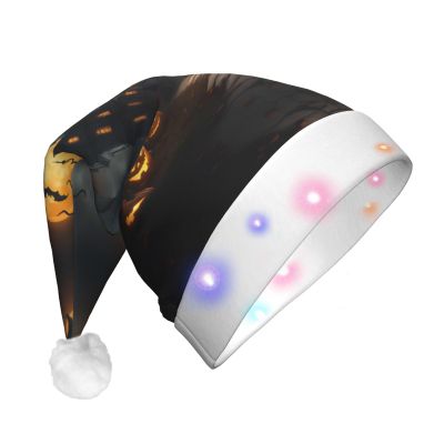 QASNLU Halloween Horror print Santa Hat Plush Light Up Funny Christmas Hat For skullcap Party Supplies Headwear