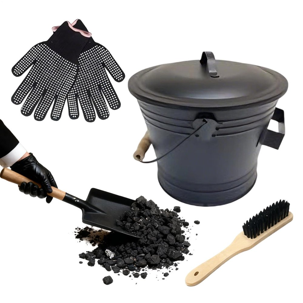 Ash Bucket Charcoal Bin for Fireplaces, Metal Pail with Lid, Heavy Duty Durability, Easy Carry Handle, Cleaning Tool Set, Fireplace Accessory for Cleaning Fire Pit Grill Indoor Outdoor, 12L