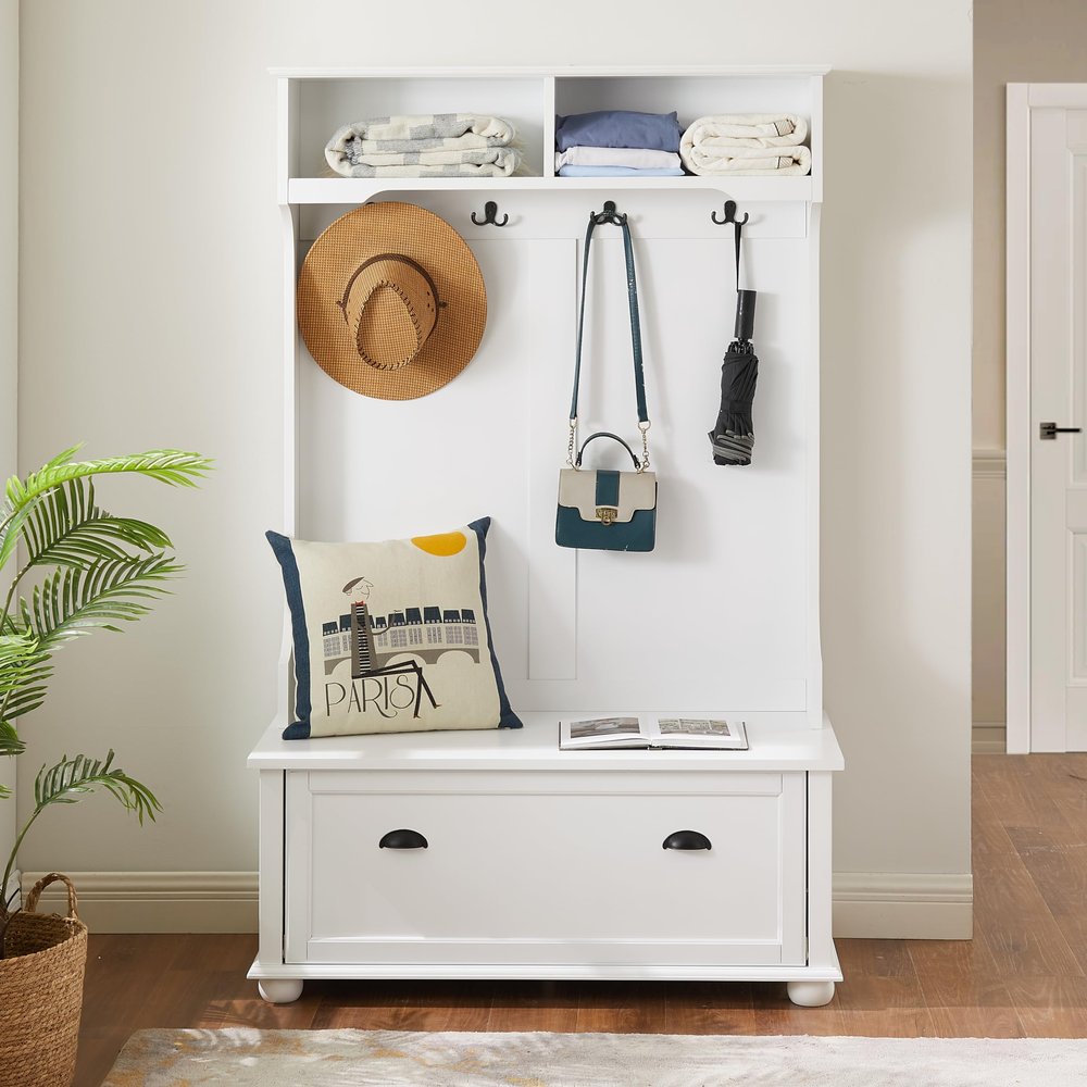 Hall Tree with Bench and Shoe Storage Modern, Mudroom Bench with Seating and Hooks, Mud Room Coat Rack Furniture, Farmhouse Entryway Hall Trees, 40.16inW,White