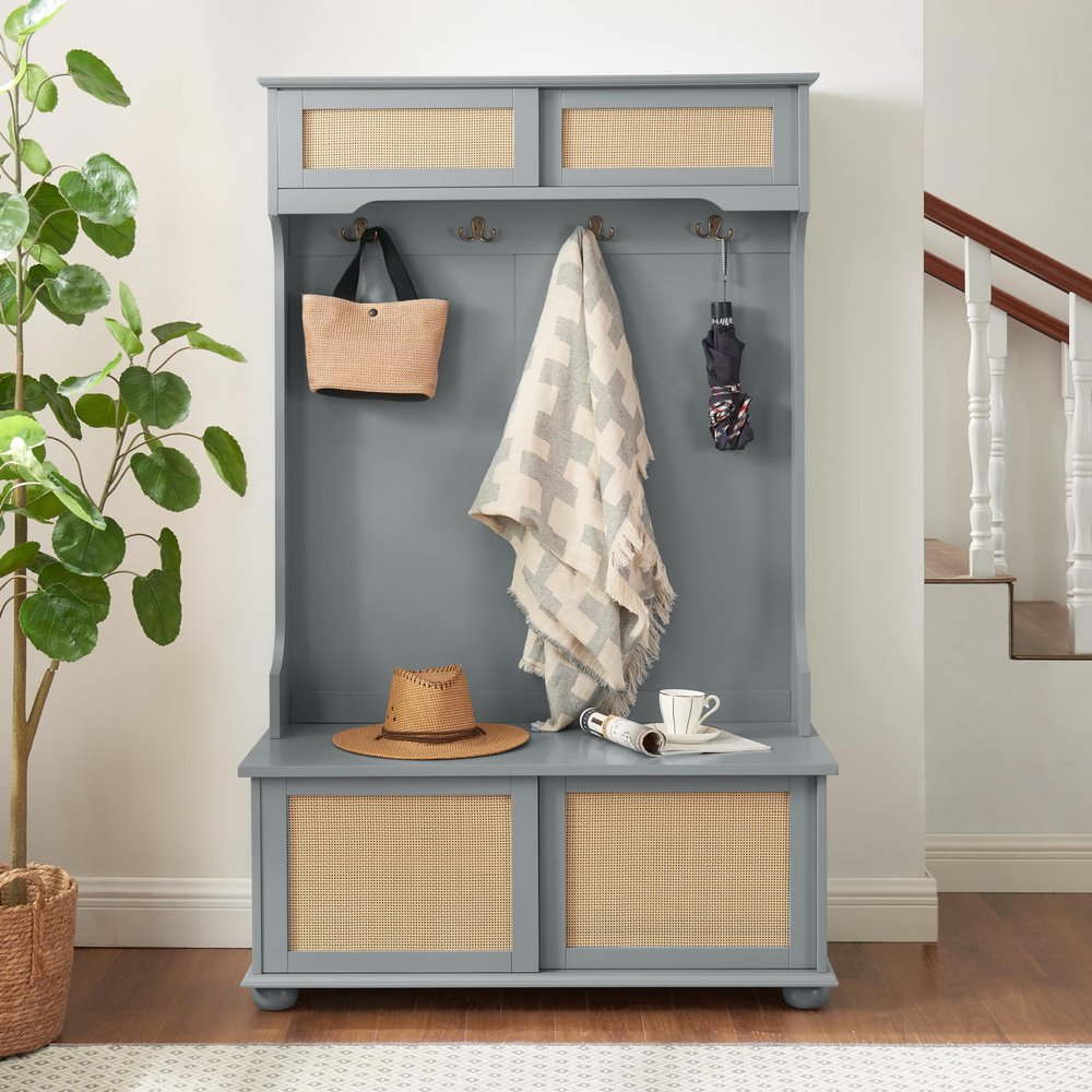Hall Tree with Bench and Shoe Storage Modern, Mudroom Bench with Seating and Hooks, Mud Room Coat Rack Furniture, Farmhouse Entryway Hall Trees, 40.16inW Storage Organizer,Gray