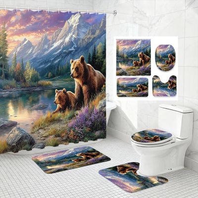 4 Piece Mountain Bear Shower Curtain Set with Non-Slip Rugs, Toilet Lid Cover and Bath Mat Wildlife Lake Forest Sunset Bathroom Decor with 12 Hooks, 72 x 72 Inch