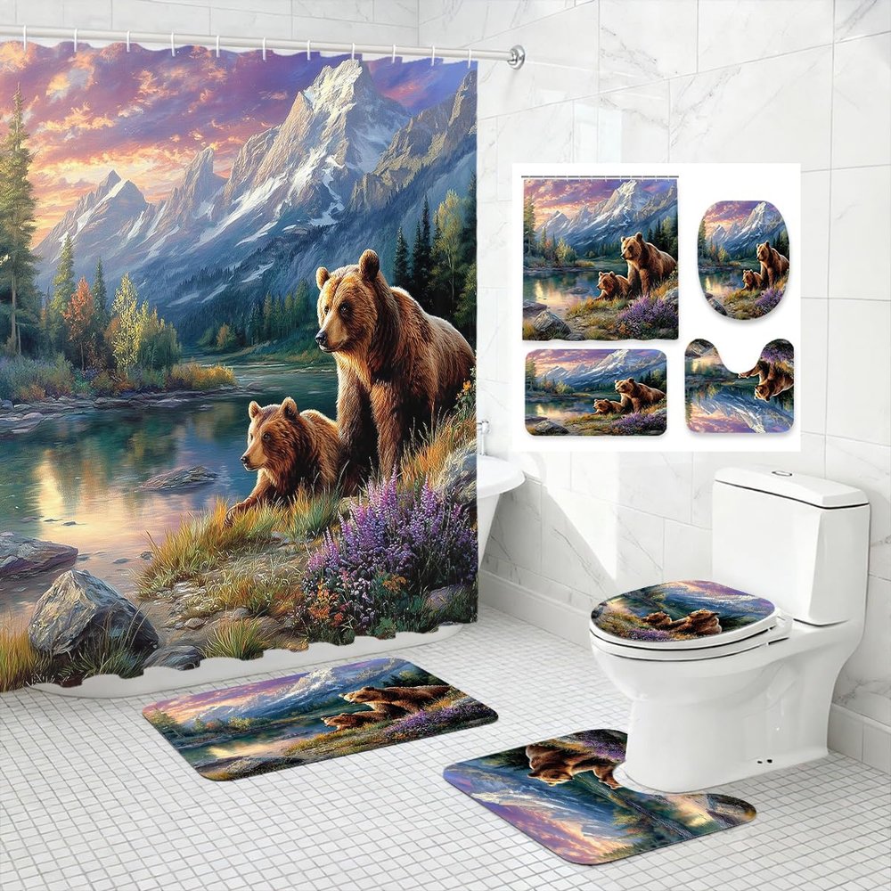 4 Piece Mountain Bear Shower Curtain Set with Non-Slip Rugs, Toilet Lid Cover and Bath Mat Wildlife Lake Forest Sunset Bathroom Decor with 12 Hooks, 72 x 72 Inch