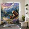 4 Piece Mountain Bear Shower Curtain Set with Non-Slip Rugs, Toilet Lid Cover and Bath Mat Wildlife Lake Forest Sunset Bathroom Decor with 12 Hooks, 72 x 72 Inch view 2