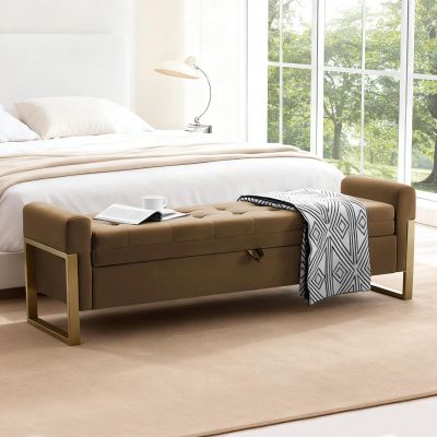 BaseBeauty 67" Storage Bench for Bedroom, King Size End of Bed Bench, Upholstered Storage Ottoman Bench with Golden Metal Legs, Bedroom Bench for Entryway, Brown