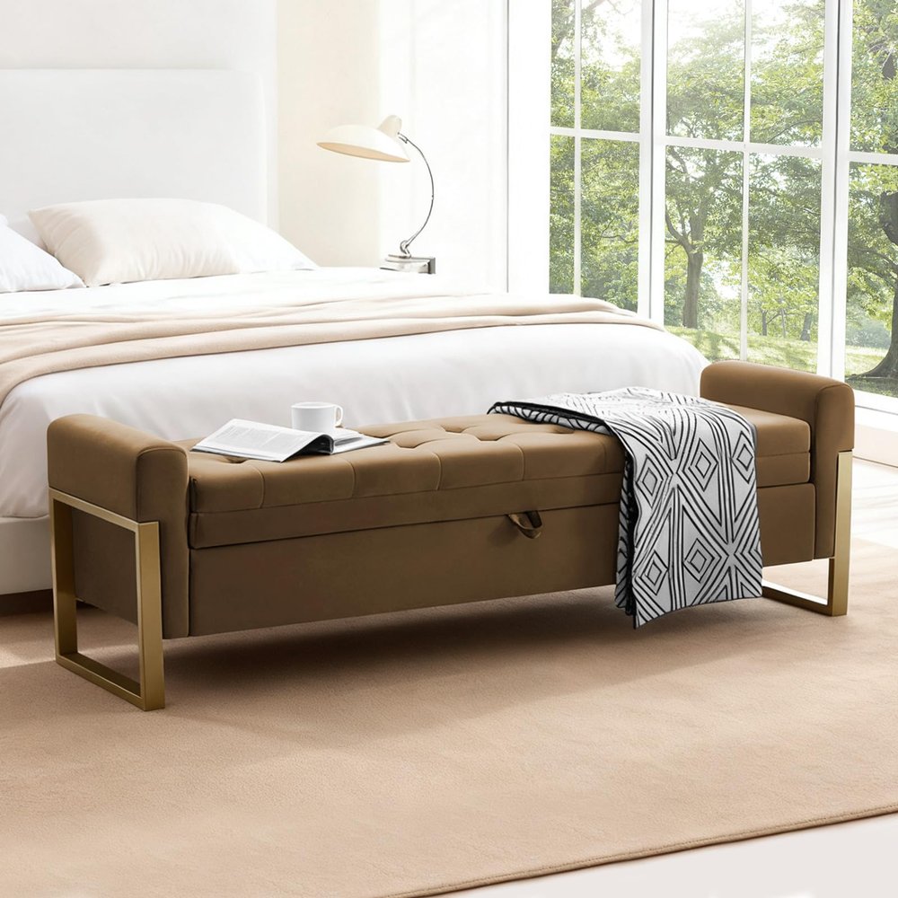 BaseBeauty 67" Storage Bench for Bedroom, King Size End of Bed Bench, Upholstered Storage Ottoman Bench with Golden Metal Legs, Bedroom Bench for Entryway, Brown