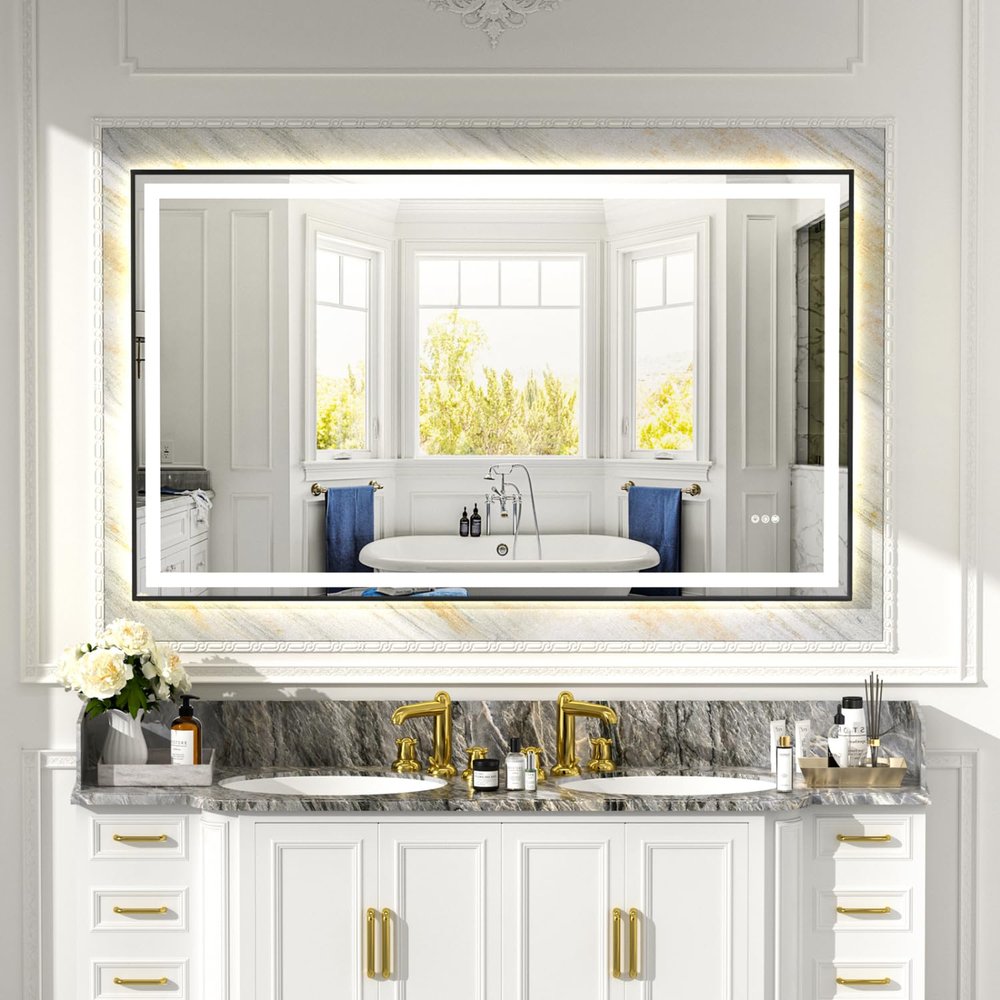 60x36 Black Silver Mirror with Dual LED Light Strips - Modern Bathroom Vanity Mirror