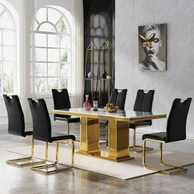 7 Piece Marble Dining Table Set for 6, 68.11" Luxury Kitchen Dining Room Table Set with 6 PU Leahter Chairs, 2.75" Thick White Faux Marble Top and Gold Stainless Steel Base,Modern Dinner Set for 6