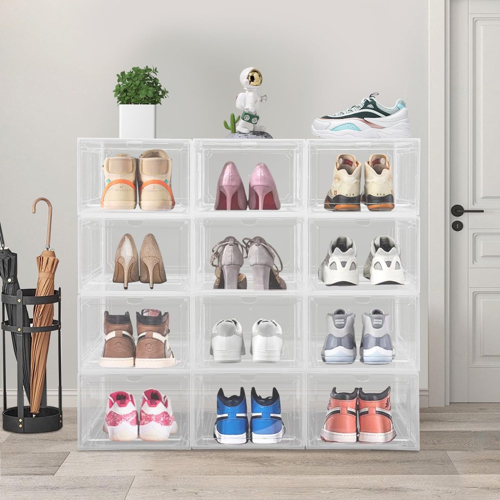Xuthusman 12 Pack Stackable Shoe Boxes,Hard Thickened Shoe Storage and Display Box Clear Plastic Shoe Containers with Magnetic Door Sneaker Bag Organizer for Entryway Closet