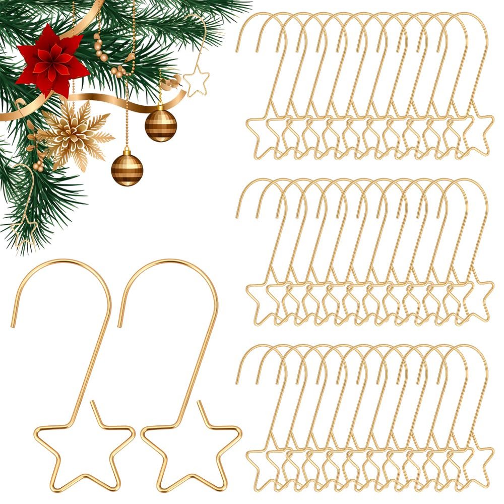 CRAFTYMELODY 100Pcs Golden Star Shaped Ornament Hooks Christmas Ornaments Hooks Stainless Steel Star Shaped Hangers for Christmas Tree Decorations Gifts Balls Hanging Party Decor Supplies