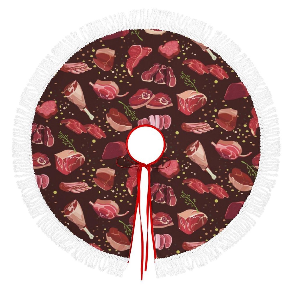 Steak Pattern Christmas Tree Skirt Round Trees Mat Cover for Party Ornaments Home Decor 122cm