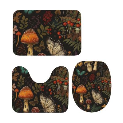 AOLBSPD Mushroom, Floral and Butterfly Bathroom Floor Mat Non Slip Washable 3 Piece Bathroom Decor 24x16in