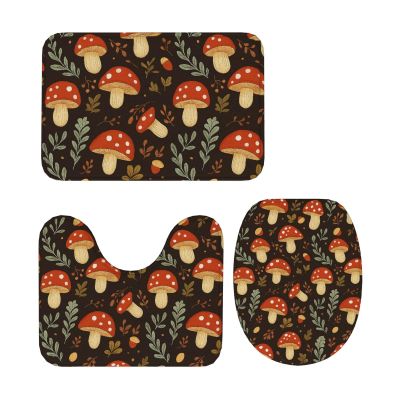 AOLBSPD Mushroom, Nut and Leaf Bathroom Floor Mat Non Slip Washable 3 Piece Bathroom Decor 24x16in