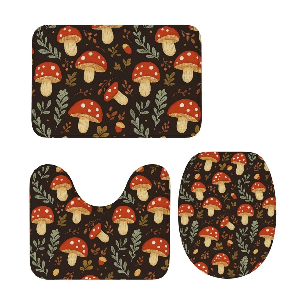 AOLBSPD Mushroom, Nut and Leaf Bathroom Floor Mat Non Slip Washable 3 Piece Bathroom Decor 24x16in