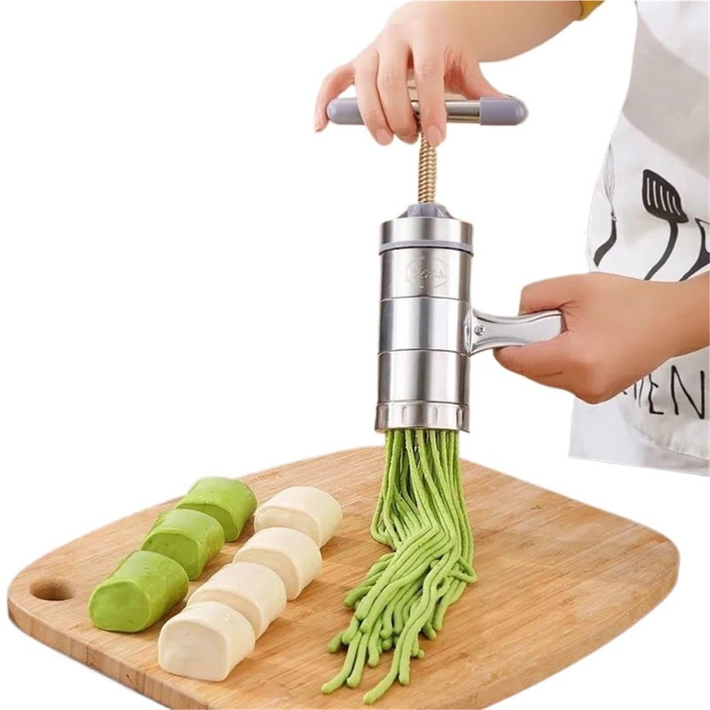 1pcs Stainless Steel Manual Noodle Maker Press Machine for Home Use Pasta Dough Roller with 2 Moulds Kitchen Tool for Spaghetti, Fettuccine