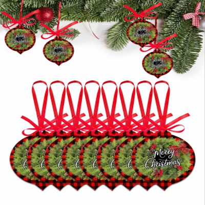 2025 Christmas Ornament Merry Christmas Berry Bow Pine Cone,Acrylic Hanging Accessories Christmas Tree Decoration for Party Holiday,Red Black Plaid Leaf Shape Xmas Pendant with Ribbons 8 Pieces