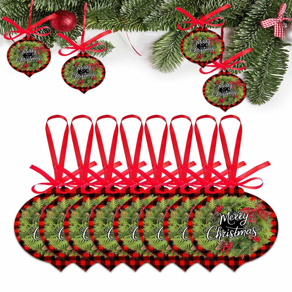 2025 Christmas Ornament Merry Christmas Berry Bow Pine Cone,Acrylic Hanging Accessories Christmas Tree Decoration for Party Holiday,Red Black Plaid Leaf Shape Xmas Pendant with Ribbons 8 Pieces