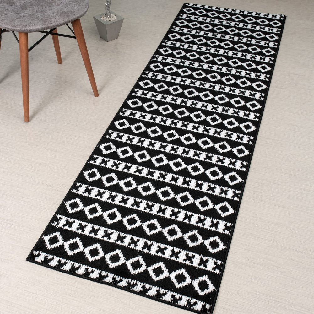 25 Ft Extra Long Non-Slip Black-White Hallway Kitchen Runner Rug, 2'7" X 25' Washable Carpet - Rubber Backed, Custom Length Floor Mat for Entryway Stairs Bedroom Bathroom Mudroom