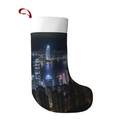 Aerial Night of View Hong Kong Print Christmas Stockings Holiday for Family Party Xmas Decor Gift Filling Accessory