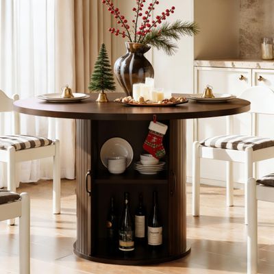 47" Round Dining Table for 4, Modern Fluted Circle Table with 2-Layer Storage and Sliding Door, Farmhouse Dinner Tables for Kitchen, Living Room, Brown