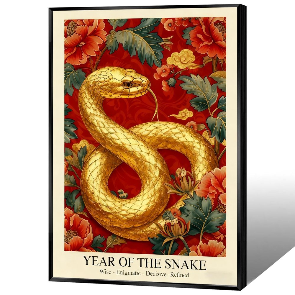 Chinese Lunar Year of the Snake Golden Art Print Traditional Oriental Home Decor Red Peony & Cloud Pattern Zodiac Wall Decor for Apartment Bedroom Living Room Office 24X36 in Unframed