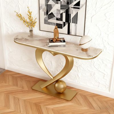 59in Modern Narrow Console Table with Heart-Shaped Base White Slate Sofa Table Space-Saving Entryway Accent Table for Hallway/Foyer/Living Room(Gold C,100cm/39.4in)
