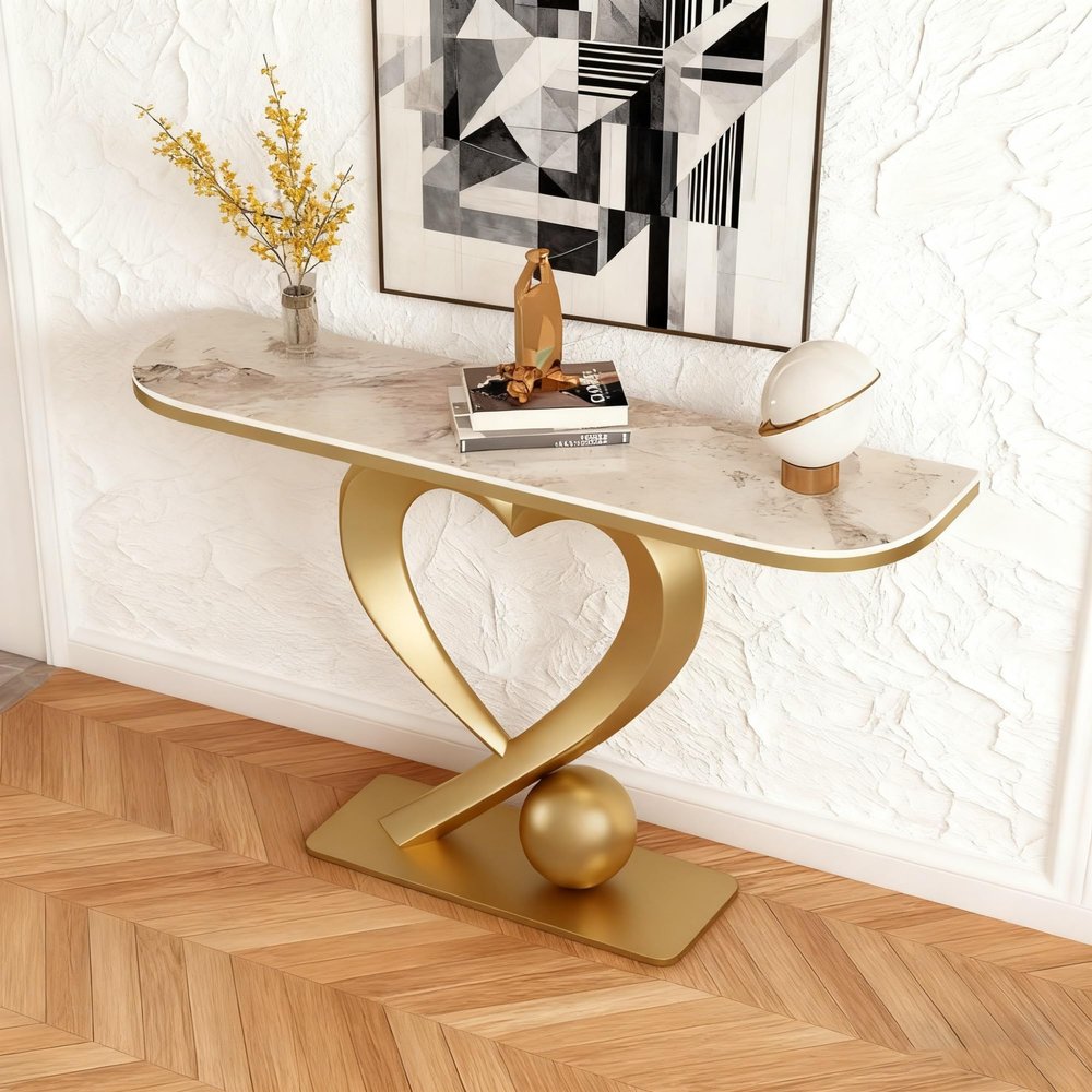 59in Modern Narrow Console Table with Heart-Shaped Base White Slate Sofa Table Space-Saving Entryway Accent Table for Hallway/Foyer/Living Room(Gold C,100cm/39.4in)