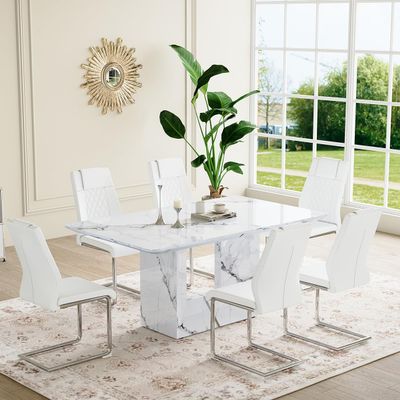 63" Marble Dining Table Set for 6Modern Dining Table Set for 6 with ChairsWhite Marble Wooden Tabletop with Heavy-Duty U-Shaped LegsStable and SturdyEasy AssemblyPerfect for Kitchen, Dining Room