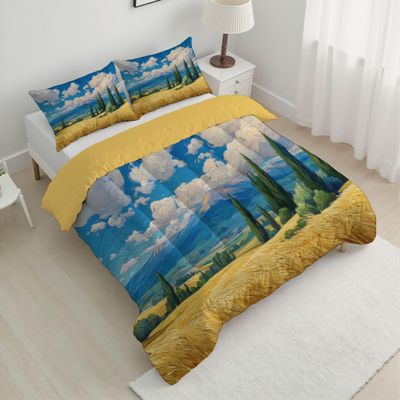 ANALTIRCE Twin Size Quilt Sets, Abstract Wheat Field Cypress Tree Pattern Quilt Bedding with 1 Matching Pillowcases, 2 Pieces Mountains Soft Medium Weight Comforter for All Season(68" x 86")
