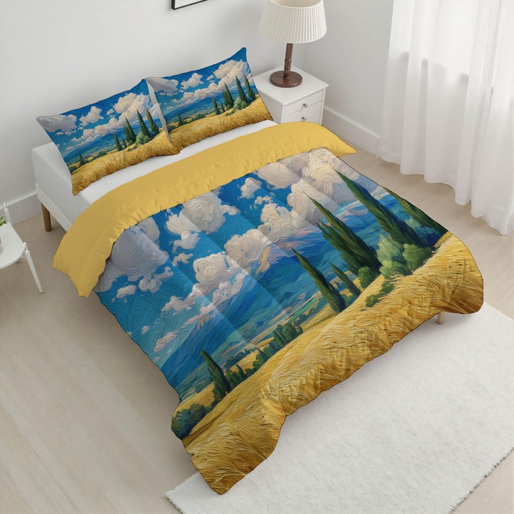 ANALTIRCE Twin Size Quilt Sets, Abstract Wheat Field Cypress Tree Pattern Quilt Bedding with 1 Matching Pillowcases, 2 Pieces Mountains Soft Medium Weight Comforter for All Season(68" x 86")