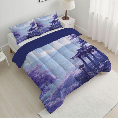 104" x 90" Coverless Quilt 7.5 Tog, Reversible Washable Purple Quilted Duvet, Super Soft Warm Comfy Fog City 3 Bedding Camping Duvet with 2 Pillowcases King