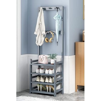 Freestanding 3-in-1 Coat Rack and Shoe Storage Organizer with Double Hooks for Entryway, Mudroom, Hallway - Space Saving Furniture Solution