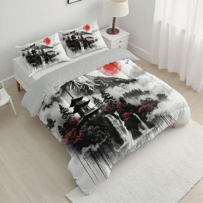 ANALTIRCE Coverless Quilt Set with 1 Pillowcases, 7.5 Tog 68" x 86" Size Reversible Duvet All Seasons with Ink Painting Mountains Pattern, Lightweight and Warm Black 2 Comforter Twin