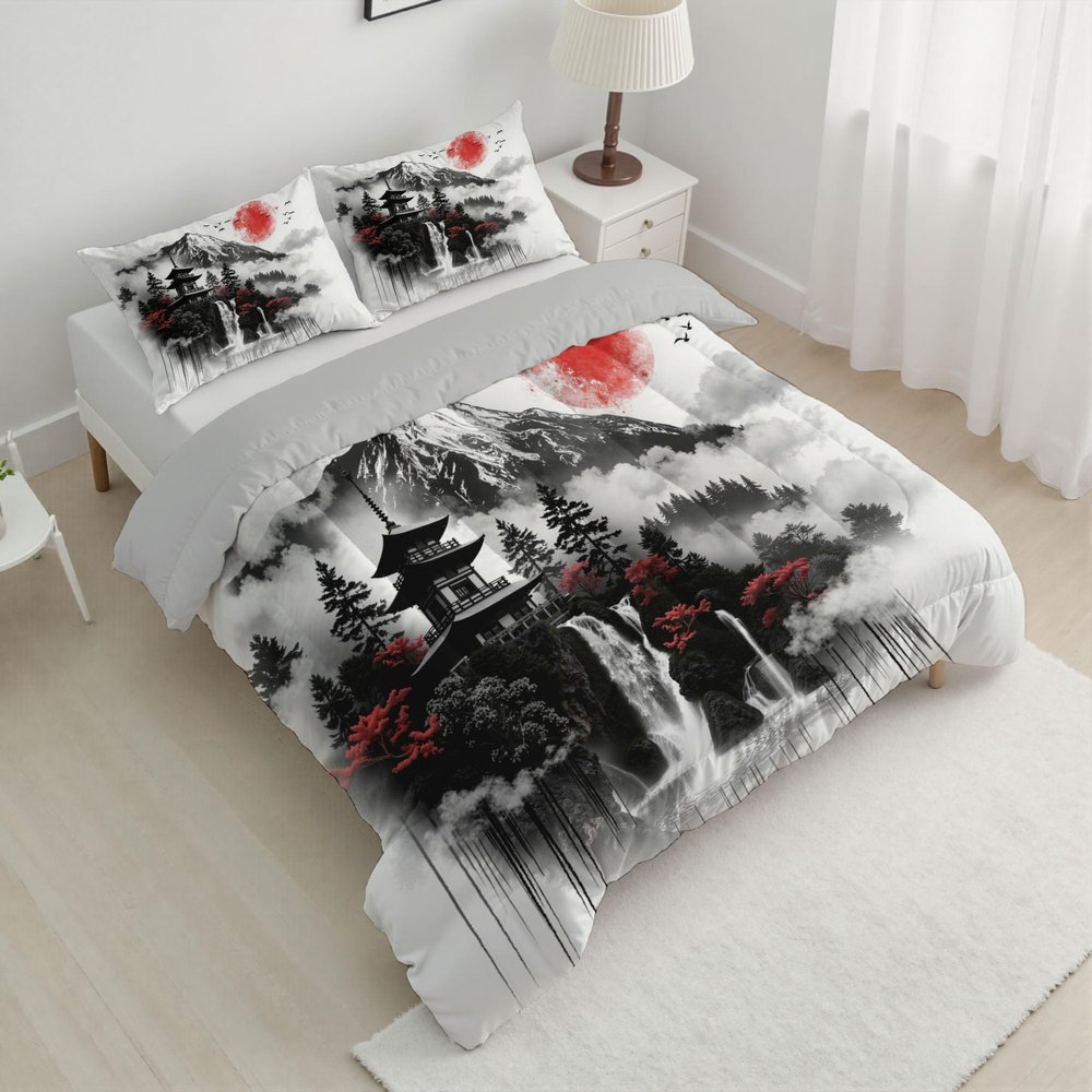 ANALTIRCE Coverless Quilt Set with 1 Pillowcases, 7.5 Tog 68" x 86" Size Reversible Duvet All Seasons with Ink Painting Mountains Pattern, Lightweight and Warm Black 2 Comforter Twin