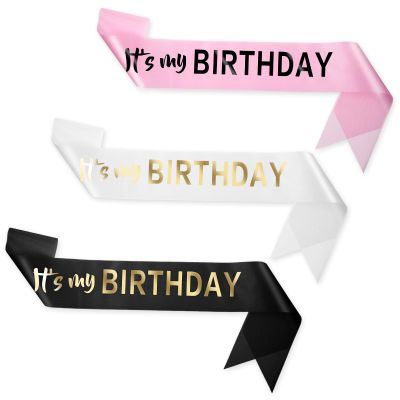 3 Pack It's My Birthday Sash, Satin Happy Birthday Sash with Gold Foil for Women Men Birthday-Decorations (Pink White Black)