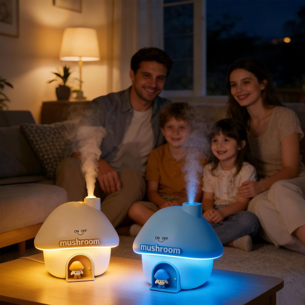 Mushroom House Humidifiers, Rechargeable Desktop Silent Air Humidifier with Night Light, USB Portable Cute Mist Humidifiers with Rainbow Gradient Lighting for Home, Office, Car, and Travel (Pink)