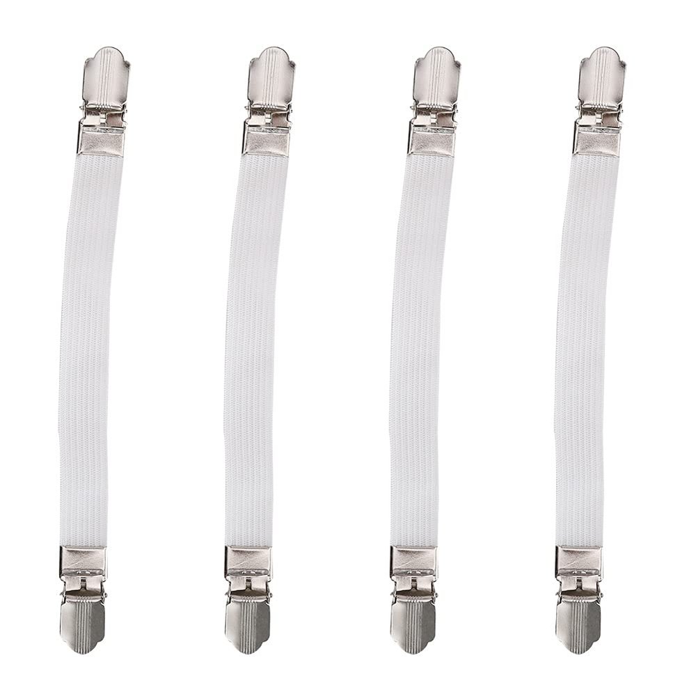 Odorkle 4PCS Elastic Crisscross Bed Mattress Sheet Straps Holder Clips Easy Install Adjustable Fasteners Keep Sheets Tightly Good Resilience Protects Fabric 8in Stretchable (Black White) (White)