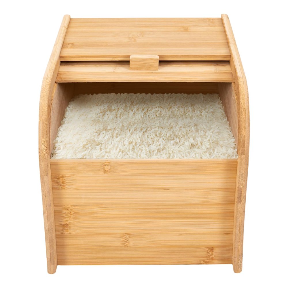 22 lbs Bamboo Rice Storage Container with Sliding Lid & Measuring Cup, Airtight Dry Food Organizer for Kitchen Countertop - Large Capacity Grain Bin for Flour, Nuts, Beans, Pet Food - Natural Wood