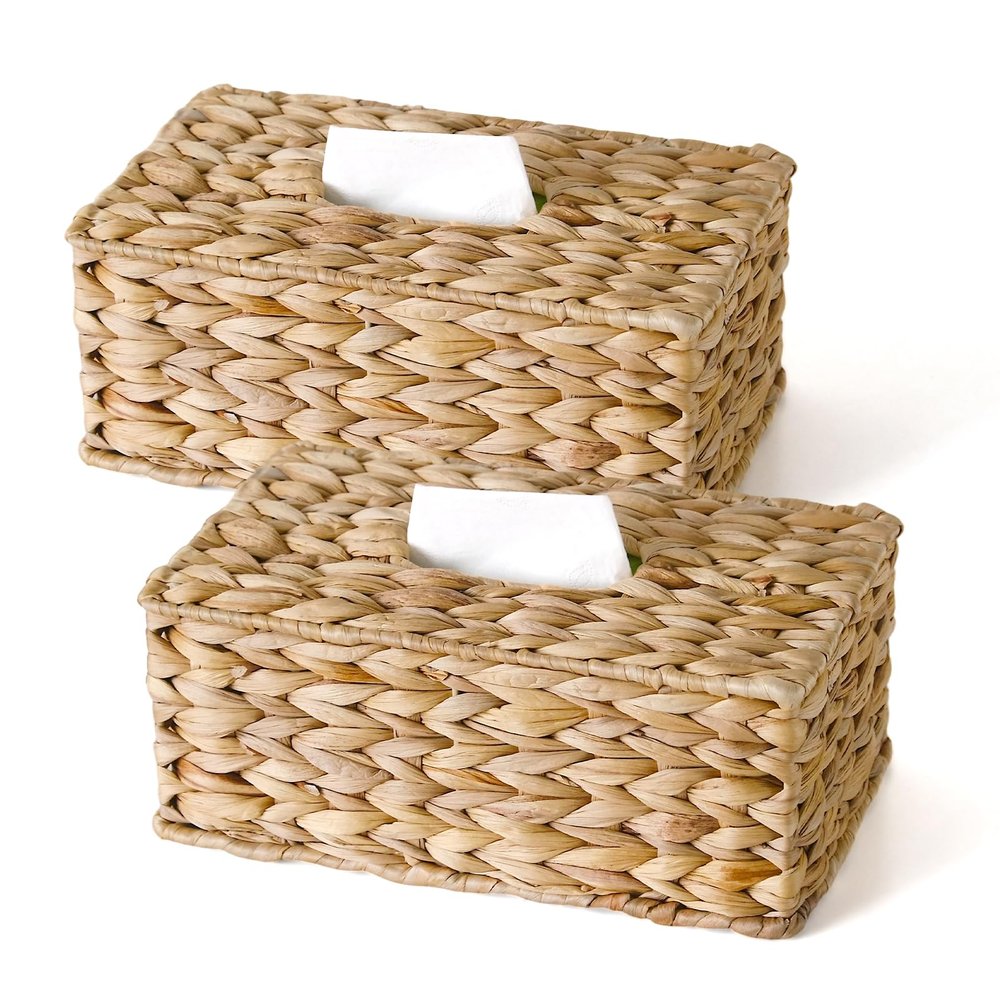 2 Pack Rectangle Wicker Tissue Box Cover Fits 120-Count (3-Ply) / 160-Count (2-Ply) Boxes, Natural Rattan Woven Facial Tissue Holder, Decorative Tissue Box Holder for Bathroom