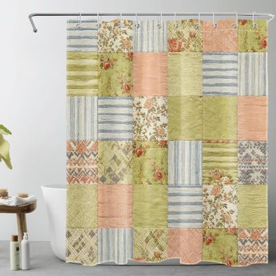 NEONWE Boho Patchwork Shower Curtain, Colorful Floral Blue and White Striped Vintage Polyester Shower Curtains for Bathroom, Retro Elegant Waterproof Fabric Bath Decor with Plastic Hooks, 60"W x 72"L