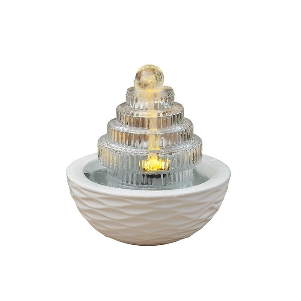 Desktop Fountain Glass Small Fountain Desktop Running Water Landscape Luminous Ornaments Ceramic Decoration for Office, Living Room, or Bedroom