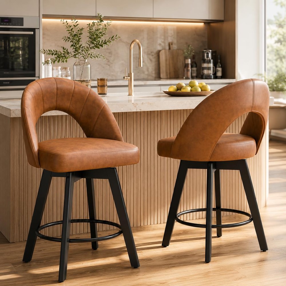 YaFiti 24" Counter Height Bar Stools Set of 2, Faux Leather, Light Tan