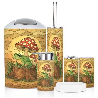 Bathroom Accessory Set 6 Piece Frog Sitting Stump Under Red Mushroom Whimsical Toothbrush Cup Toothbrush Holder Soap Dispenser Soap Dish Trash Can with Lid Toilet Brush Holder Counter Decor