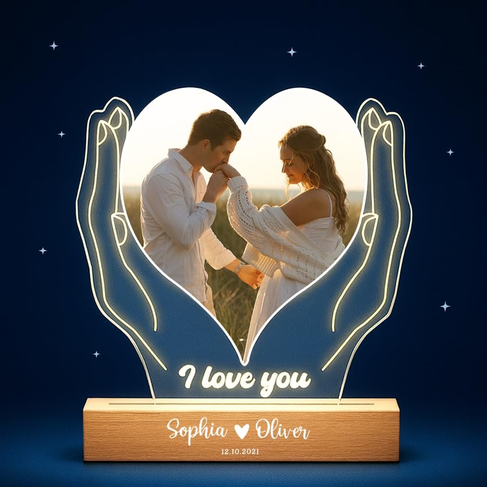 Personalized Heart Hands LED Lamp with Photo, Custom Acrylic Night Light for Couples, Romantic Bedroom Decor, Anniversary & Valentines Day Gift for Him Her, Engraved Picture Keepsake