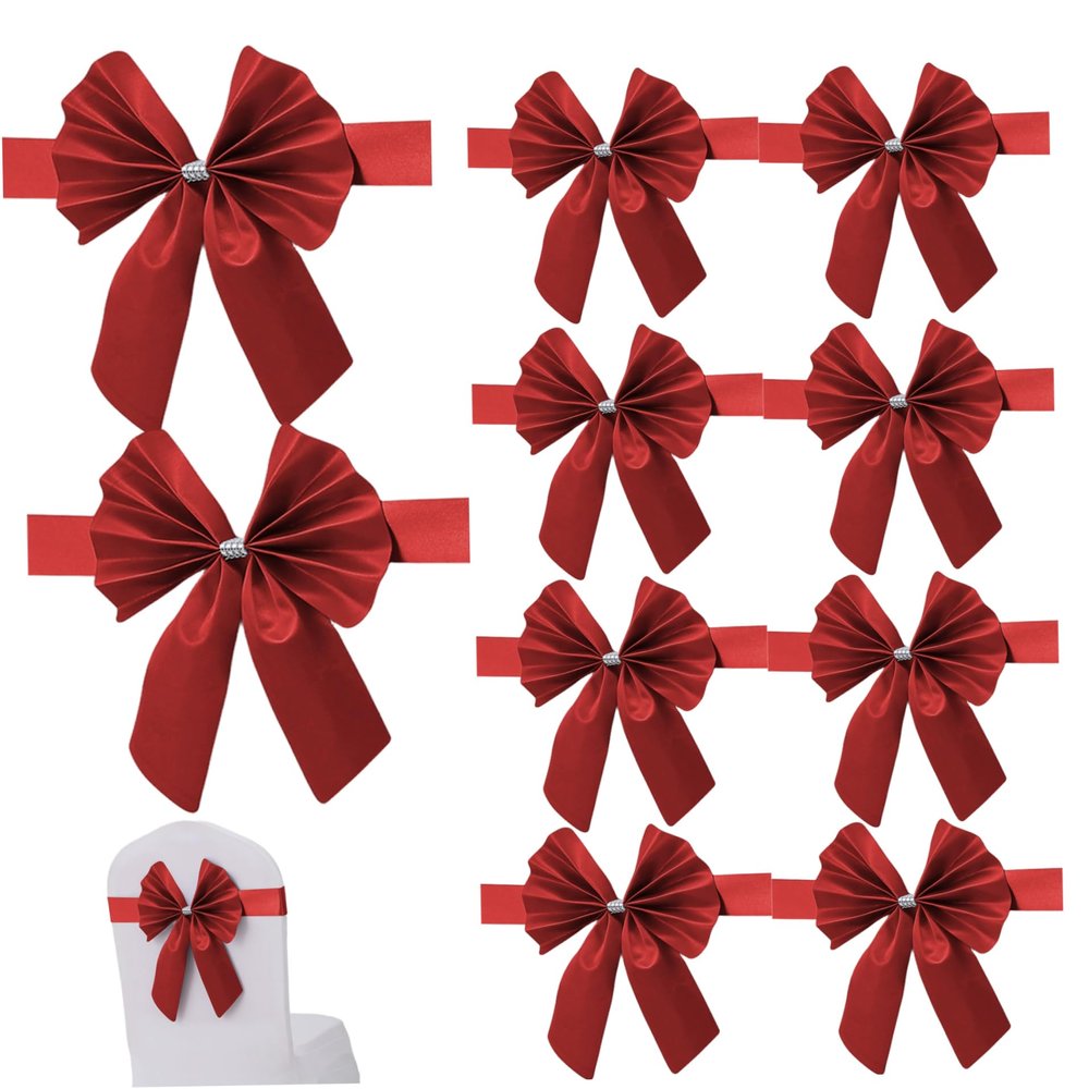 KUYYFDS Red Chair Sashes 10PCS Elegant Elastic Chair Bows Bands for Wedding Party Hotel Christmas Halloween Decoration Red