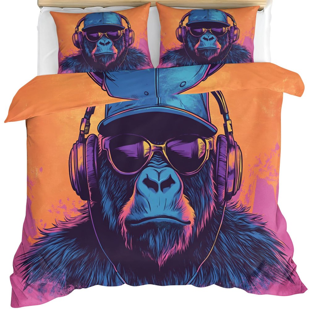 BAUAOTI Gorilla Bedding Set Queen, Gorilla Duvet Cover, Hip Hop Boy's Room Comforter Set, Soft Breathable with Zipper Closure Duvet Cover 3 Pieces 90x90, 2 Pillow Shams