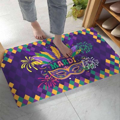 Bath Rug Indoor Doormat Mardi Gras Ethnic Tribal Feather Non-Slip Soft Fluffy Door Mat Entrance Rugs, Mask on Purple Diamond Grid Floor Shaggy Carpet for Bathroom Bedroom Living Room 24x35in