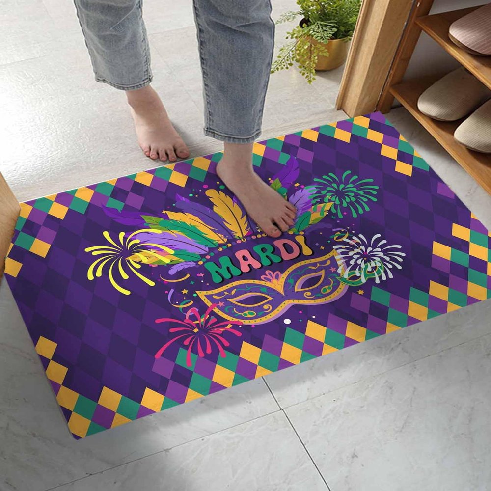 Bath Rug Indoor Doormat Mardi Gras Ethnic Tribal Feather Non-Slip Soft Fluffy Door Mat Entrance Rugs, Mask on Purple Diamond Grid Floor Shaggy Carpet for Bathroom Bedroom Living Room 24x35in